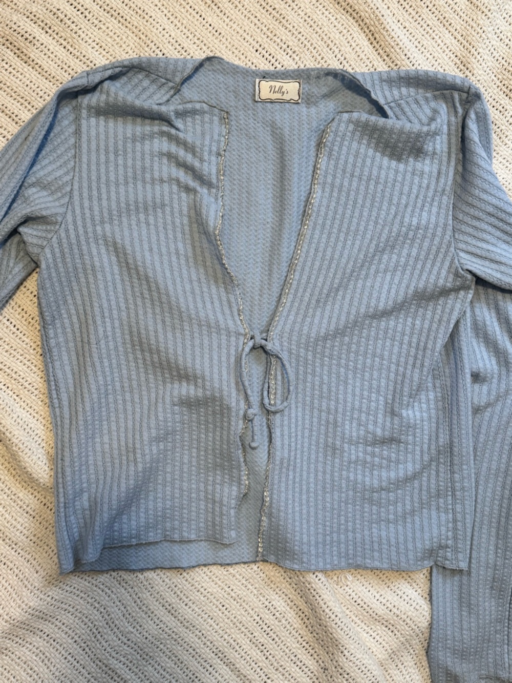 Nellys Light Blue Ribbed Knit Button-Front Top with Beaded Trim